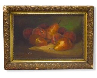 48	P.B. Drowne Oil on Canvas Still Life	P.B. Drowne (19th-20th century). Oil on canvas still life with pears. Signed lower left P.B. Drowne and dated 94. 9 3/4" x 15 3/4". Some wear and paint loss, tear next to signature, losses to frame.
