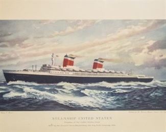 49	TC Skinner Steamship United States Print	A print of the Steamship United States, derived from a painting by Thomas C. Skinner. A printed description in lower margin, signature is in the plate lower right. 13 1/2" x 22"
