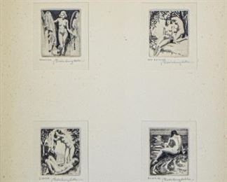55	Morris Henry Hobbs Etchings	Morris Henry Hobbs (American, 1892-1967). A group of 4 etchings framed together: Morning, Sunbathing, Siesta and Evening, depicting female nudes. Each one is signed and titled in pencil in the margins. Each etching measures 2 1/2" x 2".
