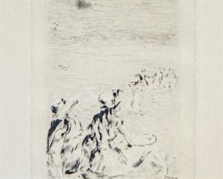 57	After Renoir Sur La Plage Etching	After Pierre-Auguste Renoir (French, 1841-1919). Etching is signed on lower right in the plate, and "Sur La Plage Renoir" is penciled in on lower margin. 5 1/4" x 4" On verso is Associated American Artists label
