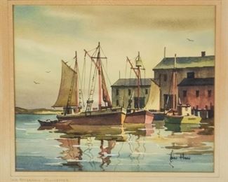 58	John Hare Watercolor Late Afternoon, Gloucester	John Cuthbert Hare (American, 1908-1978). A watercolor titled in pencil on lower left margin, and signed in painting on lower right. 7" x 8 1/4"
