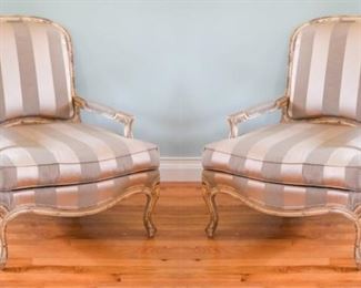 67	Pair of French Provincial Crosshatch Back Chairs	A pair of French Provincial upholstered armchairs with crosshatch backs. Good condition.
