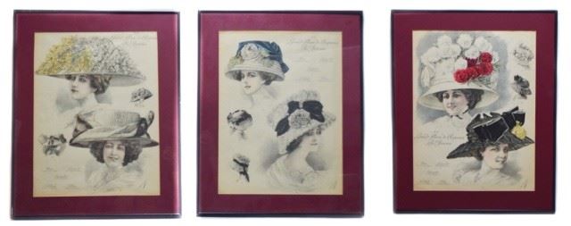 94	3 French Fashion Lithographs Atelier Bachwitz	3 hand colored French fashion plate lithographs from Grand Album de Chapeaux "Chic Parisien" No.16 for Atelier Bachwitz, nos. 18, 21 and 42. Each 16" x 12 1/4". One with small tear lower right, one frame missing glass.
