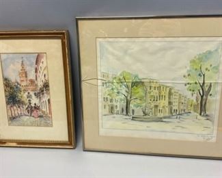 104	2 European Street Scene Watercolors	Maxi Huertas watercolor Sevilla, signed lower right, 11 1/4" x 7"; French street scene watercolor Les Quatres Dauphins, signed illegibly in pencil, 12 1/2" x 15 1/4" (glass cracked on frame)
