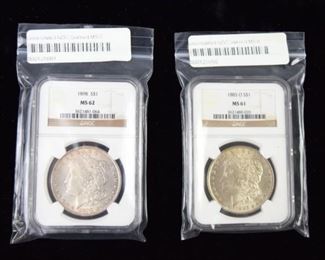 109	2 Morgan Silver Dollars	2 Morgan Silver Dollars, encapsulated and graded by NGC, MS61 and MS62. One was minted in 1895 at New Orleans, and the other was minted in 1898 in San Francisco.
