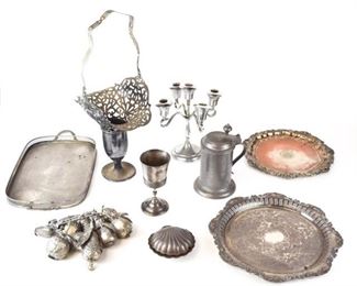 119	Grouping of Silverplate & Pewter	Sogoma 5 light candelabrum, openwork silverplate basket, pewter stein, Mermod Jacoard silverplate chalice, English silverplate shell box, round silverplate tray, rectangular silverplate tray with gallery, round silverplate tray with reticulated rim, silverplate fruit chime. Gallery tray 17"L including handles, basket 21"H including handle
