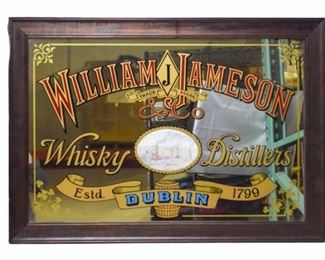 123	William Jameson Whisky Distillers Mirror	William Jameson Whisky Distillers Dublin advertising mirror. 29 1/2" x 19 1/2" (with frame 34" x 24").
