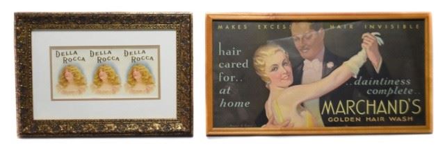 128	Advertising Ephemera	Original subway card for Marchand's Golden Hair Wash, circa 1920's, and a Della Rocca cigar label (circa 1905) in modern gilt frame. Marchand's subway card was designed by George H. Evans and signed on lower left. Gallery sticker on verso contains provenance. Della Rocca cigar label has gallery information on verso as well. Largest item: 10" H x 20" L (without frame)
