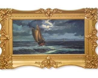 142	Seascape Oil on Canvas in Gilt Frame	Simon, oil on canvas of a seascape of a vessel on the sea at dusk with four other boats in the background. Signed "Simon" on lower right. 12" H x 23 1/2" L. Gilt frame has some loss.
