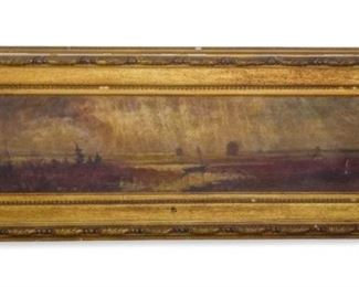 143	Seascape Oil on Canvas in Gilt Frame	Artist unknown, oil on canvas of a yacht in marshlands at dawn. Signature on lower left is illegible. 8" H x 30" L. Canvas is very dirty with a puncture on lower right. Gilt frame has some loss along edges and on upper right.
