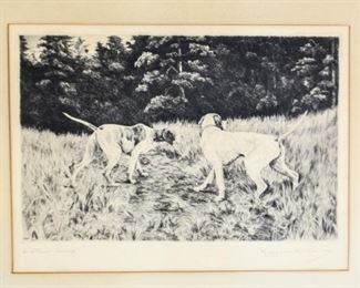 144	Marguerite Kirmse " Another Covey" Etching	Marguerite Kirmse (British, 1885-1954). An etching of two dogs titled and signed in pencil in the margins. Very good condition. 9" x 12"
