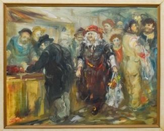 145	Moshe Chauski Oil on Canvas Panel Market Scene	Moshe Chauski (Lithuanian/Israeli, 1935-2014). Oil on canvas panel market scene, signed lower left Chauski. 15 1/2" x 19 1/2"
