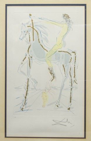148	After Dali Embellished Etching From Song of Songs	After Salvador Dali (Spanish, 1904-1989). Gilt embellished etching The Beloved is as Fair as a Company of Horses, from Song of Songs. Signed and numbered EA in pencil in lower margin. 15 3/4" x 9 3/4"
