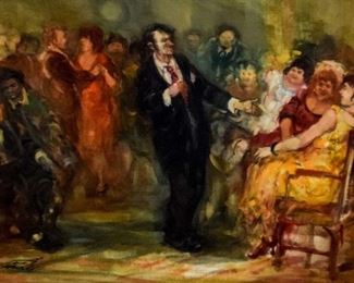 147	Moshe Chauski Oil on Canvas Panel Ballroom Scene	Moshe Chauski (Lithuanian/Israeli, 1935-2014). Oil on canvas panel ballroom scene, signed lower left Chauski. 17 1/2" x 24" (overall 26 1/2" x 32 1/2")
