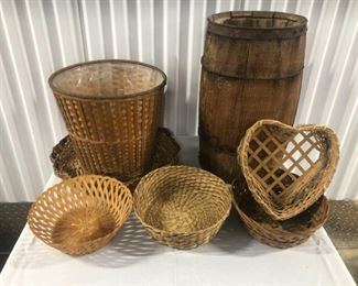Barrel Planter, Basket Planter, and Baskets