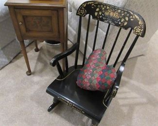 Child's painted rocker by Nichol's & Stone and Drexel side table with strawberries from the Country collection.