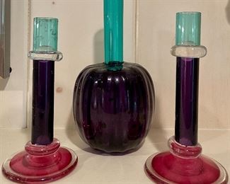 Chatham Glass Bulbous Vase and Candlesticks