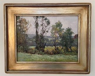 Oil on Canvas by Bernard Corey, signed lower right - Bernard Corey is one of New England's most beloved landscape painters of the 20th century. This painting is unusual in that it includes cows in the distance as well as a man.