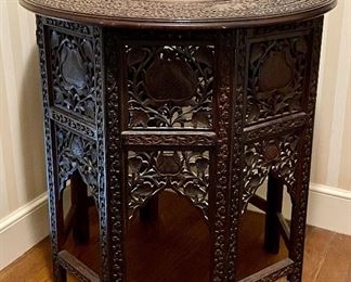 Ornate and Heavily Collapsible Hexagonal Carved Asian Table
