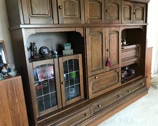 Beautiful solid walnut Dutch made wall unit custom made in Holland. 
Dimensions:  7’10” wide x 5’10” tall x 18” deep 