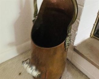 Vintage Dutch Brass Coal Scuttle Blue Delft Handle Lion