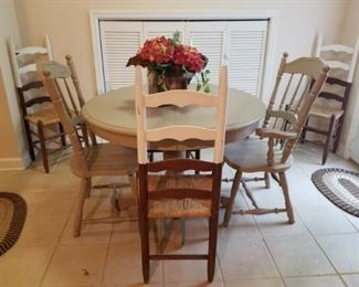 48” round pedestal table with a pair of matching chairs $ four vintage ladder back chairs