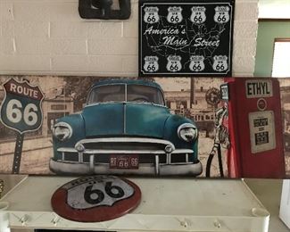 Route 66 wall art, metal Route 66 sign, and black metal Route 66 sign
