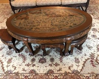 Chinese carved teak 7 piece coffee table set