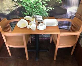 Eight of these tables available in white oak & three in Maple all custom-made & 16 white oak chairs, originally from the Sanctuary on Green restaurant tea room