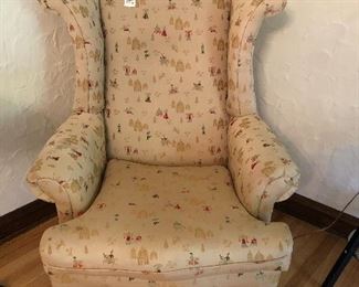 One of a pair of rooster & Stroud wing chairs with an Oriental fabric motif