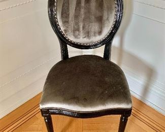$160 - PAIR Noble House Home Furnishings, Lacquered contemporary Louis XVI dining chair.  Velveteen upholstery, nail head detail. 39.5"H x 20"W x 20"D. Height to seat approximately 19". Minor spots on one cushion