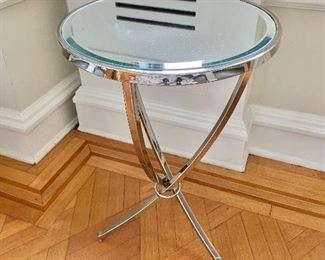 $120 - Glass top  side table with chrome/ring  base - 24"H x 16" Diameter