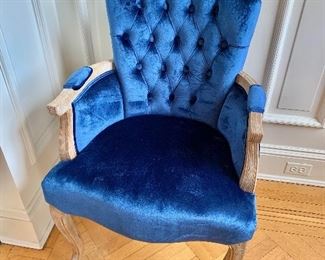$250 - Pair of royal blue, tufted, velvet arm chairs  - 36.5"H x 25"W x 29"D. Height to seat approximately 20.5". 