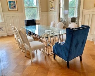 $995 - Z Gallerie "Abigail" double pedestal glass top dining table 30"H x 100"L x 48"