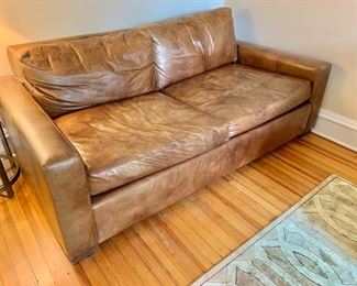 $1,595 - Restoration Hardware leather sleep sofa. 34"H x 81"W x 46"D. Height to seat approximately 18" THIS ITEM REQUIRES OUR APPROVED MOVER TO MOVE DUE TO BUILDING RESTRICTIONS AND DIFFICULT EXIT.