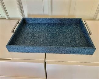 $30 - Blue tray with handles - 3"H x 17.5"L x 11.5"W