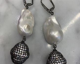 $65 - Baroque Pearl and rhinestone ball earrings;  approx 2” long