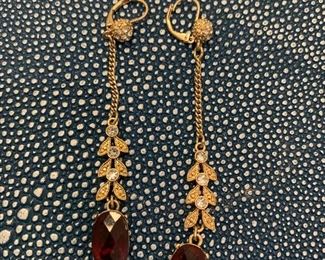 $20 -Fashion chandelier earrings; rhinestones and red stone; approx 3” drop