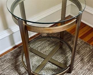 $80 - Glass top gold tinted side table - 24"H x 20" diameter