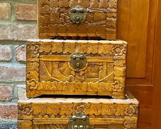 Item 69:  (3) Carved Wood Boxes:   $95 for set of 3                                                                       Largest - 12"l x 7.5"w x 7"h