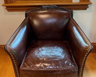 Item 84:  Crate & Barrel Farmhouse Leather Vintage Club Chair with Nailhead Trim - 29.25"l x 21"w x 32.5"h:  $475