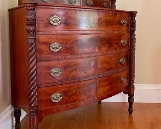 Item 32:  Exceptional Antique Sheraton Deck-Top Bow Front Chest (Made in Salem, MA) c. 1820-attributed to Samuel Mcintyre - 41"l x 17.5"w x 41.75"h:  $850
