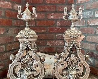 Item 102:  Pair of French Silvered Bronze Andirons,  - 15.5" x 22" & 12" deep: $445                              