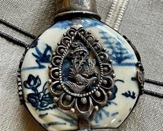 Item 111:  Antique Blue and White Snuff Bottle with Ornate Metal Overlay - 3.25":  $85