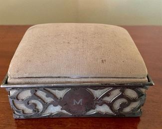 Item 115:  Antique Monogrammed Sterling Silver Pin Cushion/Box - 4.25" x 2":  $95