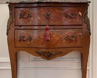 Item 118:  Antique Bombay Chest with Inlays and Marble Top (this item is in rough shape!) - 31.5"l x 15"w x 32.5"h: $150 