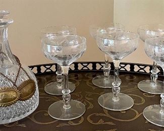 Item 119:  Decanter with 6 Etched Vintage Champagne Glasses:  $85