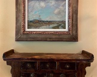 Item 129:  Authentic low "Kang" Wood Bench with 5 drawers and a shaped apron - original patina, late 1800s - 25"l x 8.25"w x 11.5"h:  $595