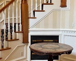 Item 38:  Ornately Carved Antique European Inlaid Table with Hunting Scenes - 37" x 29": $1145