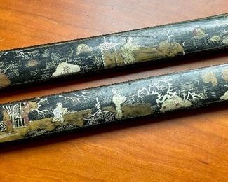 Item 126:  (2) Chinese Painted Scenes on Wood, Rice Paper Weights - 13.75": $65 for pair